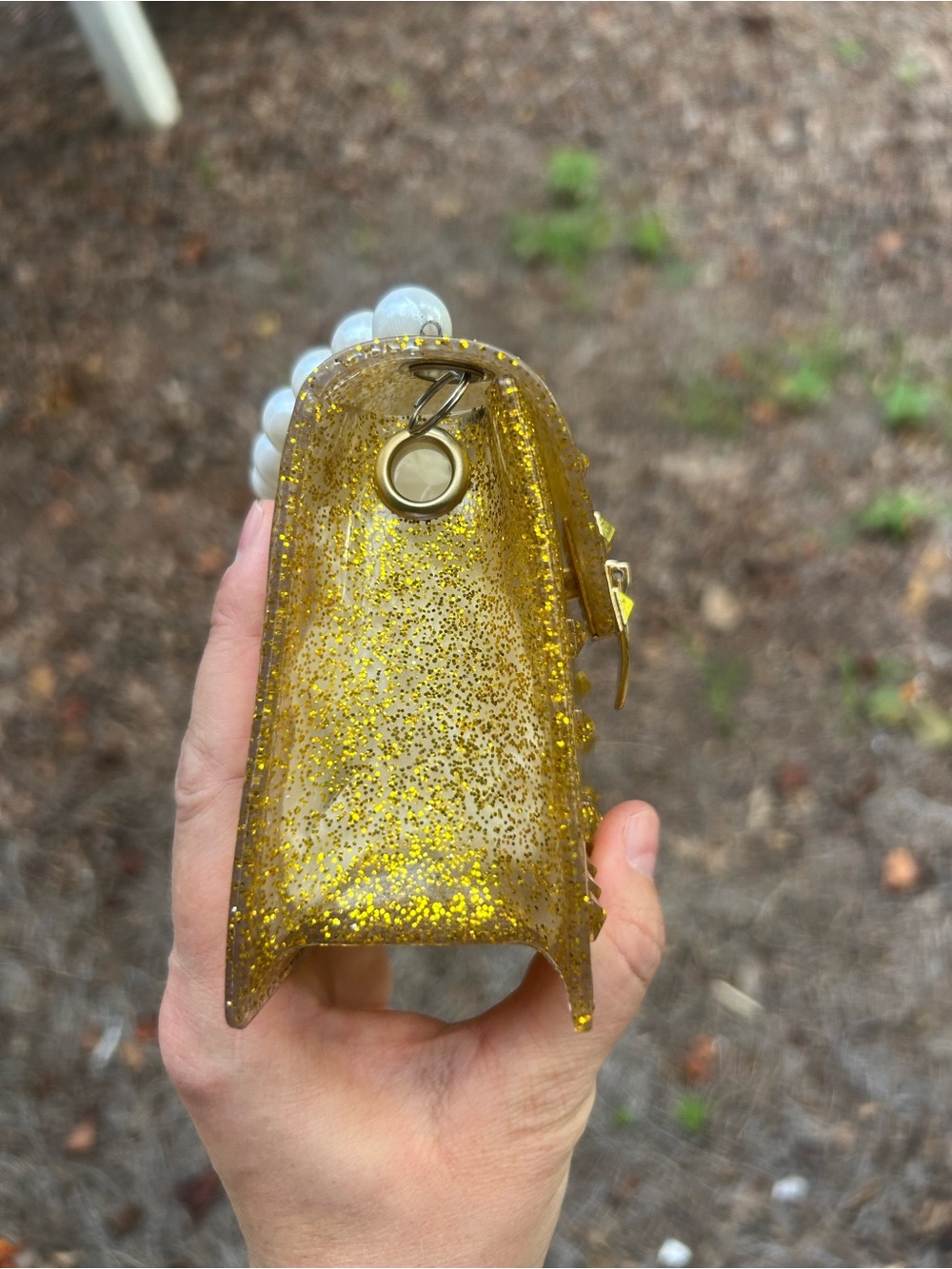 Gold Glitter Jelly Mini Top Handle Bag with Faux Pearl Handle - Picture 7 of 7
